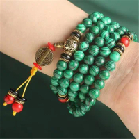 108 Green Malachite With Tassel Bracelet Hand Knotted Buddha Prayer Beads Meditation Japa Mala Necklaces Bracelets Charms