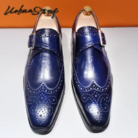 Luxury Casual Men Monk Strap Shoes Blue Black WingTip polishing Loafers Men Dress Shoes Wedding Office Leather Shoes Men