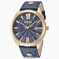 【VERSUS】VERSUS凡賽斯男錶型號VV00381(黑色幾何立體圖形錶面金色錶殼寶藍真皮皮革錶帶款)
