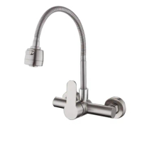 Wall Mounted Stream Sprayer Kitchen Faucet Single Handle Dual Holes SUS304 Stainless Steel Flexible Hose Kitchen Mixer Taps