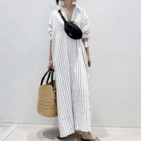 Turn-down Collar Polo Collar Elegant Commuter Striped Loose Waist Long Dress Cardigan Dress