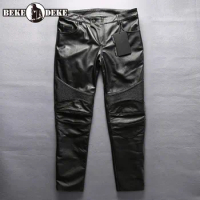 British Style Genuine Leather Mens Straight Pants New Biker Cowhide Pants Pockets Zippers High Quality Korean Style Pants