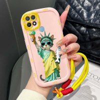 Casing Hp untuk OPPO A15 A15s A35 4G Case Casing Es krim kucing Pola Puff tali gantung kasus ponsel
