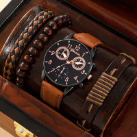 1pc Bracelet/ 1pc Men's Quartz Watch &amp; 3pcs Bracelets, Men's Watch Set, Ideal choice for Gifts