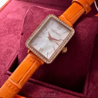 CampoMarzio20mm, 26mm方形玫瑰金精鋼錶殼貝母錶盤真皮皮革橘色錶帶款CMW0004