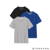 GIORDANO 男裝簡約素色純棉圓領短袖T恤(三件裝) - 56 灰/海軍藍/愛國者藍色