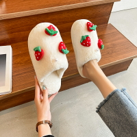 小草莓棉拖鞋女2021年秋季新款半包頭毛茸茸月子鞋可愛居家靜音拖