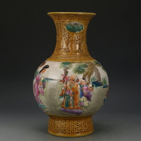 大清乾隆粉彩雕刻壽翁瓶古玩收藏真品彩繪花瓶老貨瓷器老物件擺件