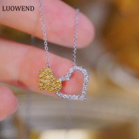 LUOWEND 18K White Gold Necklace Romantic Double Heart Design Real Natural Yellow Diamond Pendant Necklace for Women Engagement