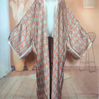 African Hot Sale New Printed Silk Open Front Summer Sexy Lady Long Cardigans Oversize American Lady Swimwear Kaftan Kimonos