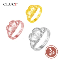 CLUCI 3pcs 925 Sterling Silver Rose Gold Ring for Women Silver 925 Pearl Ring Mounting Adjustable Flower Zircon Ring SR2167SB