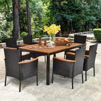 7 Pieces Patio Dining Set Outdoor Dining Set with Umbrella Hole, Wicker Patio Furniture Set with Acacia Wood Table and Chairs