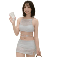 【SeasonsBikini】削肩綁帶小裙子泳衣- 黑/白-485(削肩泳衣綁帶比基尼)