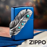 【Zippo官方直營】綠松石金屬羽毛-藍色-防風打火機(美國防風打火機)