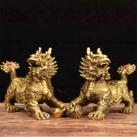Brass Unicorn Decorations Pair of Fire Kirin Kirin Sending a Child Fortune Kirin Chinese Household Hallway Decoration Gift