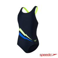 【SPEEDO】女孩 運動連身泳裝 閃電(藍/黃)