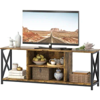 TV Stand Industrial for Televisions,Industrial Television Cabinet 3 Tiers Open Storage Shelves,Rustic Brown Wood TV Console