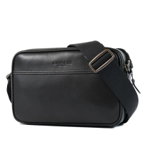【COACH】男款 壓印LOGO滑面皮革雙層拉鍊斜背相機包-黑色