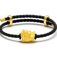 24k pure gold dragon charms bracelet for couples 999 real gold charms black leather string
