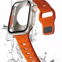 Silicone Strap For Apple Watch Band 44mm 45mm 41mm 40mm Tempered Glass+Cover Change to Ultra Case iWatch Series 9 8 7 SE 6 5 3