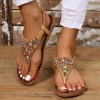 Flat Beaded Beach Sandals for Women Bohemian Style Large Size Flat Heel Slippers
