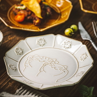北歐餐具陶瓷家用菜盤子招財萌貓碗平盤復古浮雕吃米飯湯碗釉下彩