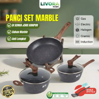 LIVORA Panci Wajan Set Granit Anti Lengket 5 Lapisan Tutup Kaca Panci Saus Frypan 16-32cm