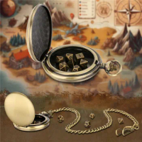 Bronze Pocket Watch Case Pendant Chain Smooth Cover with Vintage 7Pcs Metal Polyhedral Dices Entertainment Game Dice Gifts