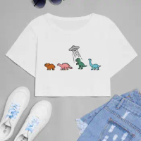 Colorful Ufo dinosaurs Womes Crop tshirt Girl personality style Crop tee Harajuku style Crop top Ladies Goth Clothing Crop tops
