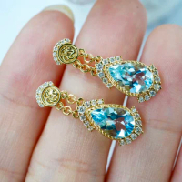 SX Solid 18k Gold Nature Blue Aquamarine Gemstones 2ct Drop Dangle Earrings for Women Fine Jewelry Birthday Presents