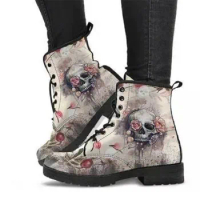 Women Ankle Boots Low Heels Shoes Woman Vintage Pu Leather 2020 Autumn Warm Winter High Snow Boots Motorcycle Skull Pansy
