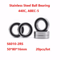 20pcs/lot S6010-2RS S6010RS S6010 2RS RS 50*80*16mm ABEC-5 Stainless steel Deep Groove Ball bearing Double Rubber cover