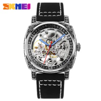 SKMEI Fashion Leather Watch Men Wrist Mechanical Hollow Carving Flower Waterproof Square Watch Automatic Male 9271