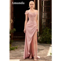 Amanda Seksi Gaun Prom Bahu Terbuka Gaun Pesta Putri Duyung Satin Sutra Gaun Malam Bordir Renda Gaun Natal Belah Samping