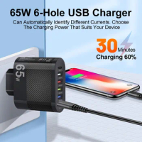 65W USB Charger PD Fast Charging 6 Ports Mobile Phone Charger for Xiaomi/ iPhone/ Samsung /Huawei Quick Charge3.0 Fast Charger