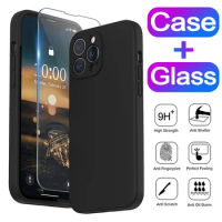 Black Shockproof Soft Phone Case For Iphone 11 12 13 14 15 Pro Max iPhone 6 7 8 Plus Protection Cover Case and Tempered Glass