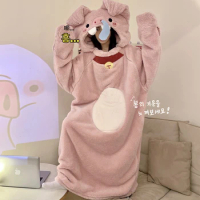 Winter Pajamas For Women Men Coral Velvet One-piece Funny Couples Sleeping Bags Night Dress Sleepwear Cartoon Pig Pajama