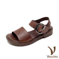 【Vecchio】真皮涼鞋 低跟涼鞋/全真皮頭層牛皮經典復古百搭低跟涼鞋(棕)