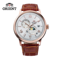 ORIENT 東方錶 SUN&amp;MOON系列 羅馬數字日月相錶 皮帶款 RA-AK0801S 玫瑰金白色