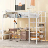 Twin Size bed,Metal Loft Bed with Upper Grid Storage Shelf and Lateral Storage Ladder,kids bed youth bed with slatted guardrails
