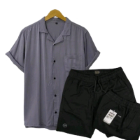 ONE SET SETELAN Kemeja Polos Pendek Hawai Dan Celana Boardshort Hitam Premium Keren Atasan Pria Casu