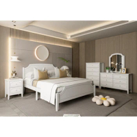 King Size White Contemporary Roman Style, Solid Wooden Bed, Bed Frame, No Box Spring Needed, Paint Sprayed Finishing