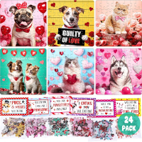 Valentine Day Gifts for Kids 24 Packs Valentine Day Cards for Kids School with Cat & Dog Jigsaw Puzz