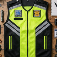 Rompi satpam hijau stabilo hitam terbaru,rompi  doublemesh logo lengkap