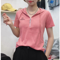 夏季新款短袖連帽T恤韓版時尚休閑百搭顯瘦刺繡體恤上衣 女潮