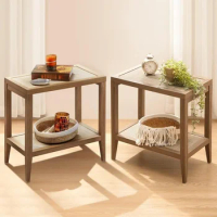 Side table, rattan bar coffee table set, 2 narrow end tables, living room set, 2 side tables with rattan bar storage racks