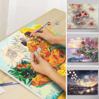 【半島良品】無框藝術DIY手繪數字彩繪油畫 掛畫(梵谷星空/莫內/威尼斯/煙火/櫻花)