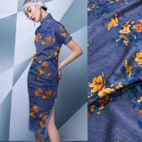 Elegant 25MM Silk &amp; Spandex Fabric for Dress Cheongsam - Wide 118CM, Yellow Floral Print D1255