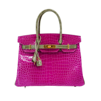 Hermes 展示品 Birkin 鱷魚皮金釦手提鉑金包-30cm(C刻/桃紅/灰)