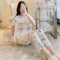 2025 Women's Summer Thin Printed Short Sleeve Long Pants Pajama Set Spring Autumn Cotton Silk Korean